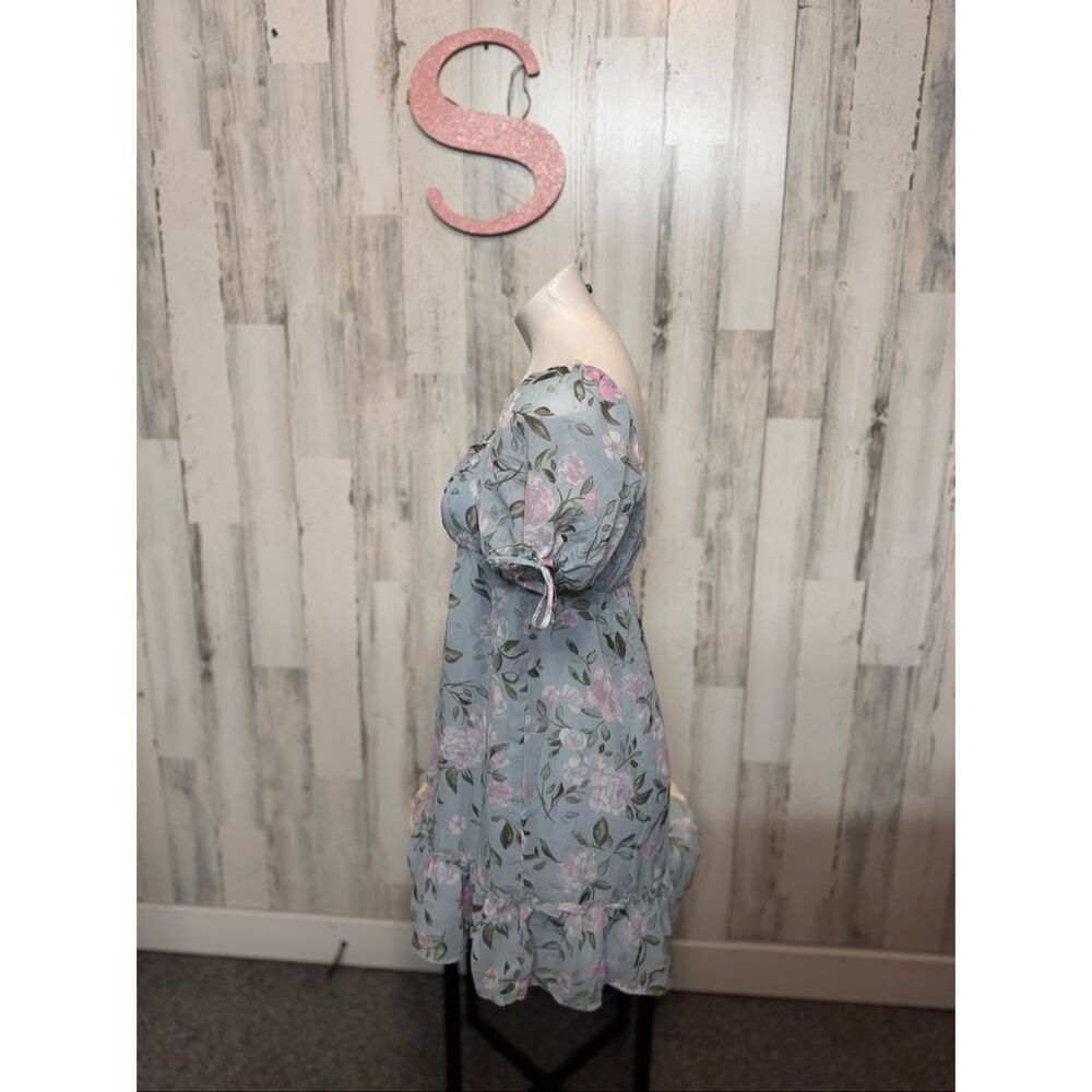 Derek Heart Floral Babydoll Dress Small Blue Pink Puff Sleeve Ruffle Hem - Picture 2 of 6